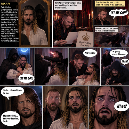 (Recap) Seth Rollins (The vampire hunter turned Bride of the vampire king) was looking at himself in the mirror reeling in the fact that he’s getting married to the vampire king next week,his heart knows that,Then he saw a mysterious figure (Aj Styles) who was standing right behind him in the reflection,Jon Moxley (The vampire king) was handling the wedding preparations,then he heard a loud crash and Seth yelling “LET ME GO!!!” In the bedroom,he used his vampire speed to rush to the bedroom,The mysterious figure tries to drag Seth out the window,Seth struggles,Jon arrives just in time and attacks the mysterious figure,after that he rushes to Seth to see if he’s ok,the mysterious figure slowly gets up,Jon is about to attack,Then the mysterious figure spoke “Wait!”,”Seth…please listen to me,Seth was confused by how the man knew his name,The mysterious figure takes off his hood and drops a bombshell “My name is Aj…I’m your brother Seth,Jon and Seth were shocked by what he said. (And now part 7). Seth was stunned. “What?” Seth asked