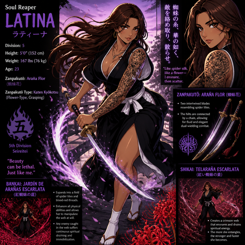 Soul reaper Latina 5,0 ft 167lbs brown long flowy hair tattoos on left forearm up to shoulder with 2 spider Lilly zanpoctō 
