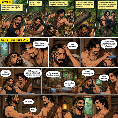 (Recap!) Seth Rollins was in a jungle with a group,Then jaguars appeared,he ran,he tripped and fell. A wild man (Markiplier) jumped in and saved him,A tree branch fell on Seth’s head and he got dizzy and passed out. After the wild man fended off the jaguars he lifted Seth in his arms and walked in the woods. (All caught up? Good! Now onto part 2!). 1 hour had passed,Seth slowly regained consciousness. The wild man was looking down at Him. “There you are,welcome back!” Said the wild man. Seth Groaned and put his hand on his head. “Ahh,my head” said Seth. “That tree branch landed on your head pretty good” said the wild man. He gently puts ice on Seth’s head. “What happened?” Asked Seth. “While you were passed out I carried you to my tree house” said the wild man. Seth looked at his surroundings,he was indeed in the wild man’s treehouse. “You were out for about an hour” said the wild man. “An hour?….man” said Seth. Seth slowly sat up. “Thanks….for saving me” said Seth. The wild man smiled softly. “You’re welcome” said the wild man. “I’m mark” said mark. “Seth” said Seth. They shook hands. (End of part 2)