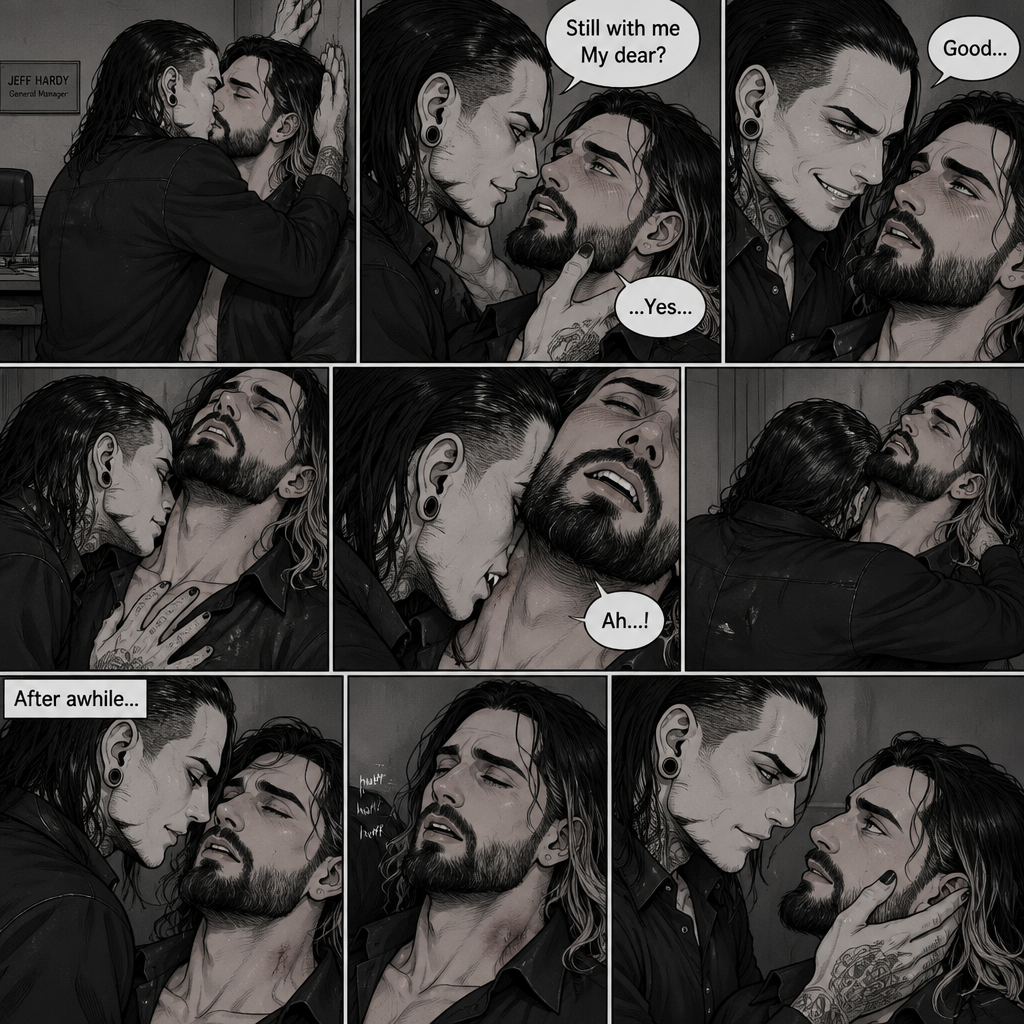 (Part 4 of the Vampire x human story). Still in Jeff Hardy’s office. Jeff was still Kissing Seth Rollins against the wall. After about a minute,Jeff pulled away. Jeff whispered in Seth’s ear “Still with me My dear?” Jeff asked softly. “…Yes…” Seth said softly. Jeff grinned. He leaned forward to Seth’s neck. Seth’s heart was racing. Jeff placed his hand on Seth’s chest to feel his heartbeat again. Seth gasped softly. Jeff gently pierced his fangs into Seth’s neck. Seth yelped softly. Jeff wrapped his arms around Seth. After awhile Jeff removed his fangs from Seth’s neck. Seth was breathing softly. Jeff gently placed his hand on Seth’s cheek