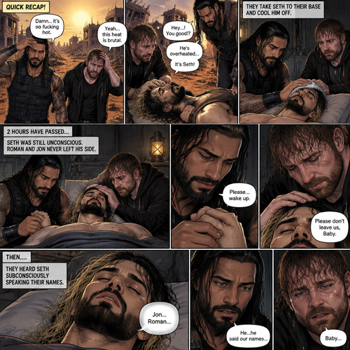 (Quick recap!) Roman reigns and Jon Moxley are in a post apocalypse,They complained about the heat,They see a man passing out because he got over heated,Turned out to be Seth Rollins (The love of their lives btw),They take him to their base and cool them off. (Now onto part 2!).2 hours have passed,Seth was still unconscious,Roman and Jon never left his side.Roman Gently held Seth’s hand. “Please…wake up” Roman pleaded softly.Jon gently stroked Seth’s head.”Please don’t leave us,Baby” Jon pleaded softly.Then….They heard Seth subconsciously speaking their names “Jon…Roman”