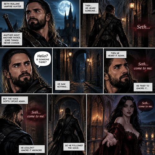 Seth Rollins is a vampire hunter,One night he was out on patrol…then….he heard someone…softly call out his name. “Hello?,Is someone there?” Seth called out. He saw nothing….then he heard it again,He tried to ignore it…but the voice softly spoke again “Seth…come to me”. He couldn’t ignore it anymore,he followed the voice