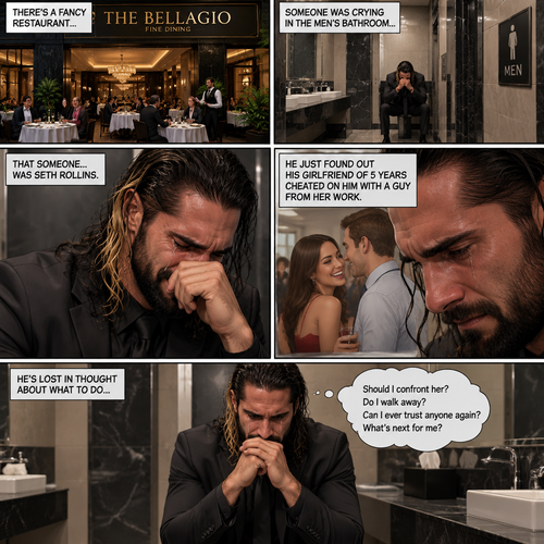 There’s a fancy restaurant,Someone was crying in the men’s bathroom,That someone…was Seth Rollins. He just found out his girlfriend of 5 years cheated on him with a guy from her work. He’s lost in thought about what to do