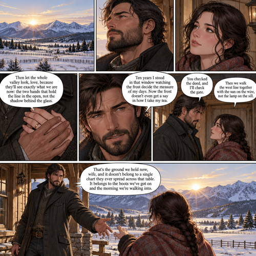 Cormac looks at the frost on the far field and then back at her, the deed's square pressing against her hip under the wool. He settles his hand over hers where it rests on his heart, thumb pressing once over the ring, and his voice drops into the register that carries the whole weight of the ridge behind it.
Then let the whole valley look, love, because they'll see exactly what we are now: the two hands that hold the line in the open, not the shadow behind the glass. Ten years I stood in that window watching the frost decide the measure of my days. Now the frost doesn't even get a say in how I take my tea.
You checked the deed, and I'll check the gate.
Then we walk the west line together with the sun on the wire, not the lamp on the sill.
That's the ground we hold now, wife, and it doesn't belong to a single chart they ever spread across that table. It belongs to the boots we've got on and the morning we're walking into.
Cormac steps down off the porch, turning to hold his hand out for her over the frozen stride, the whole ridge standing bright and new behind him in the rising light.
Tha