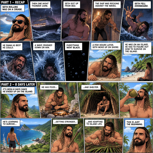 (Recap) Seth Rollins was on a cruise,then one night Thunder came,Seth got up from bed,The ship was rocking against the waves,Seth fell overboard,He swam as best he could,A wave crashed down on him,Everything went black,A few hours later,Seth woke up on shore,He was on an island,He has to figure out how to survive on the island. (And now part 2). It’s been 8 days since he ended up on the island. He has food and shelter