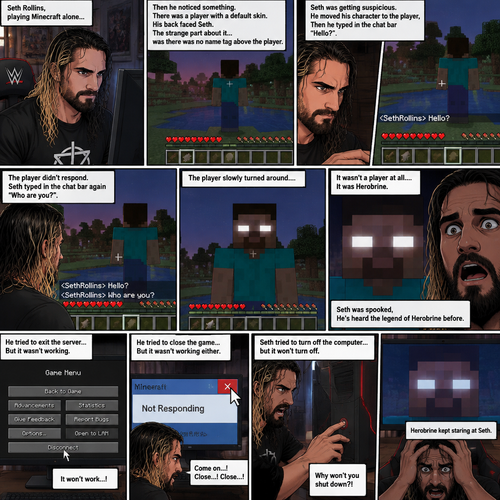 Seth Rollins was playing Minecraft alone on his computer,Then he noticed something. There was a player with a default skin,His back faced Seth. The strange part about it…was there was no name tag above the player. Seth was getting suspicious. He moved his character to the player,Then he typed in the chat bar “Hello?”. The player didn’t respond. Seth typed in the chat bar again “Who are you?”. The player slowly turned around….it wasn’t a player at all….It was Herobrine. Seth was spooked,He’s heard the legend of Herobrine before. He tried to exit the server…But it wasn’t working,He tried to close the game…but it wasn’t working either. Herobrine kept staring at Seth. Seth tried to turn off the computer….but it won’t turn off
