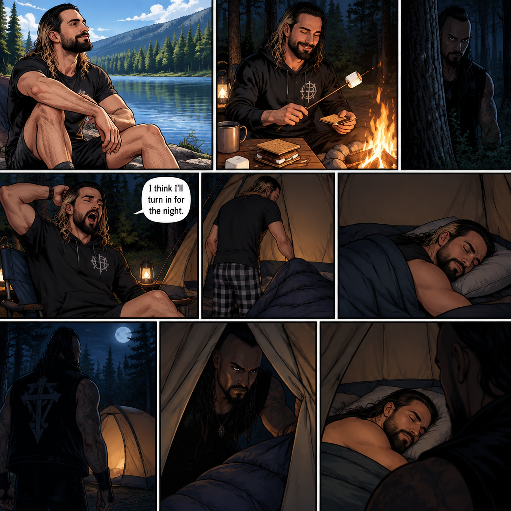 Seth Rollins was camping in the woods,he was enjoying the view of the lake and enjoying the fresh air,Hours later nighttime came,He was making s’mores at the campfire.He was enjoying himself…but…little did he know…that something…or someONE was watching him.Seth eventually got tired and yawned. “I think I’ll turn in for the night” said Seth.He went inside his tent,put pajamas on,got in his sleeping bag and went to sleep,Soon enough…Seth was deep asleep.The mysterious figure (Damien Priest) quietly walked to Seth’s tent,He opened the tent quietly.He looked at Seth