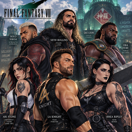 LA Knight,Solo Sikoa,Seth Rollins,Oba Femi,Rhea Ripley and Ari Stone (My wrestler oc) in final fantasy 7