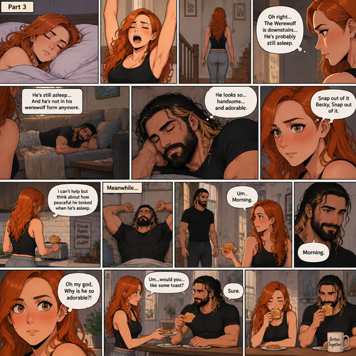 (Part 3 of the werewolf x human story) The next morning,Becky Lynch was asleep in her bed. Then she woke up. She got up and stretched her arms. She walked downstairs…then she remembered that the Werewolf (Seth Rollins) was asleep downstairs. She checked in on him. He was still asleep…and he wasn’t in his werewolf form anymore. She couldn’t help but look at him…and blush. “He looks so…handsome…and adorable” Becky said to herself. Then she shook her head. “Snap out of it Becky,Snap out of it” Becky said to herself. She quietly walked to the kitchen and made herself some toast. She couldn’t help but think about how peaceful he looked when he’s asleep. Meanwhile,The man woke up. He slowly gets up and stretched his arms,Then he walks to the kitchen. Becky notices him. “Um..Morning” Said Becky. The man Smiled softly. “Morning” The man said softly. “Oh my god,Why is he so adorable?!” Becky thought to herself. “Um…would you…like some toast?” Becky asked. “Sure” said the man. Becky makes some toast. They ate