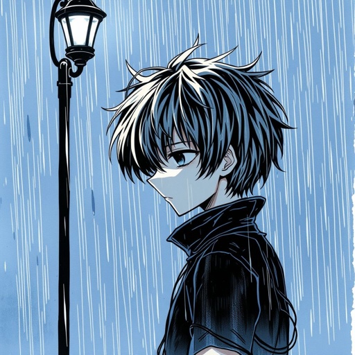 Dark Sad lonely boy in the rain 