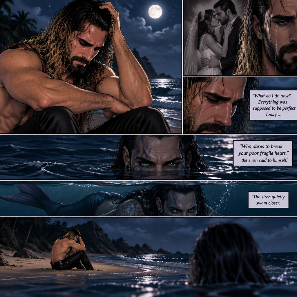 Seth Rollins was on a beach alone at night crying. He was about to be married today….but he caught the bride cheating on him with his best friend. He’s lost in thought about what to do,Little did he know…..A siren (Jeff Hardy) was watching him in the water. “Who dares to break your poor fragile heart” the siren said to himself. The siren quietly swam closer. Seth was still crying
