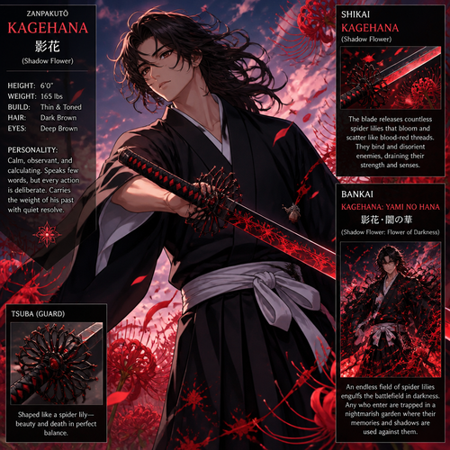 6 foot tall,165 weight,thin and toned, dark brown flowy hair , deep brown eyes man with a spider Lilly zanpoctō sword 