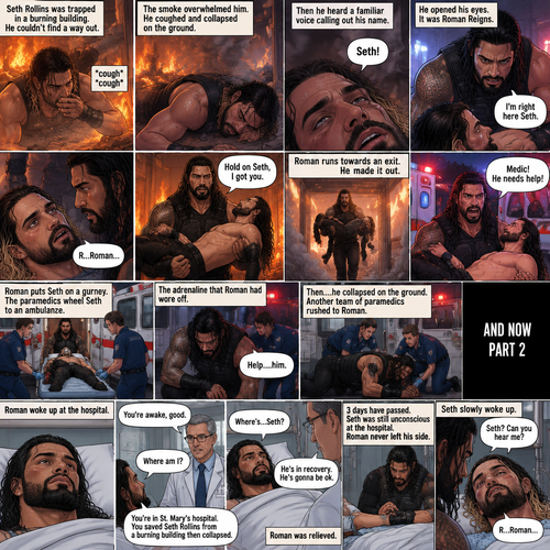 (Recap) Seth Rollins was trapped in a burning building,he couldn’t find a way out,he coughed because of the smoke,he collapsed on the ground,then he heard a familiar voice calling out his name,He opened his eyes,it was Roman Reigns,Seth weakly called out Roman’s name,Roman Rushed over to Seth,”I’m right here Seth” said Roman,he lifted Seth in his arms,”Hold on Seth,I got you” Roman said to Seth”,Roman runs towards an exit,he made it out,He runs to an ambulance with Seth in his arms,”Medic! He needs help!” Roman yelled,he puts Seth on a gurney,the paramedics wheel Seth to an ambulance,the adrenaline that Roman had wore off,”Help….him” said Roman,then….he collapsed on the ground,another team of paramedics rushed to Roman. (And now part 2). Roman woke up at the hospital. A doctor walked in. “You’re awake,good” said the doctor. “Where am I?” Roman asked. “You’re in st. Mary’s hospital,You Saved Seth Rollins from a burning building then collapsed” said the doctor. “Where’s…Seth?” Roman asked. “He’s in recovery,He’s gonna be ok” said the doctor. Roman was relieved. 3 days have passed,Seth was still unconscious at the hospital. Roman never left his side. Seth slowly woke up. “Seth? Can you hear me?” Roman asked softly. Seth weakly said Roman’s name 