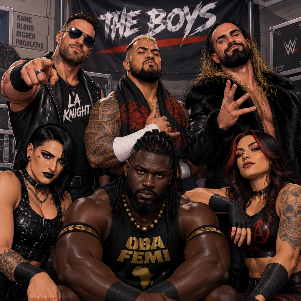 LA Knight,Solo Sikoa,Seth Rollins,Oba Femi,Rhea Ripley and Ari Stone (My wrestler oc) in The boys