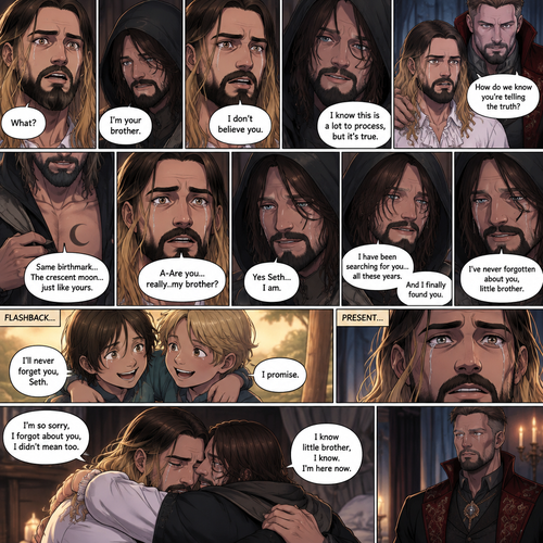 (Recap) Seth Rollins (The vampire hunter turned Bride of the vampire king) was looking at himself in the mirror reeling in the fact that he’s getting married to the vampire king next week,his heart knows that,Then he saw a mysterious figure (Aj Styles) who was standing right behind him in the reflection,Jon Moxley (The vampire king) was handling the wedding preparations,then he heard a loud crash and Seth yelling “LET ME GO!!!” In the bedroom,he used his vampire speed to rush to the bedroom,The mysterious figure tries to drag Seth out the window,Seth struggles,Jon arrives just in time and attacks the mysterious figure,after that he rushes to Seth to see if he’s ok,the mysterious figure slowly gets up,Jon is about to attack,Then the mysterious figure spoke “Wait!”,”Seth…please listen to me,Seth was confused by how the man knew his name,The mysterious figure takes off his hood and drops a bombshell “My name is Aj…I’m your brother Seth,Jon and Seth were shocked by what he said. (And now part 7). Seth was stunned. “What?” Seth asked. “I’m your brother” said Aj. Seth shook his head a little. “I don’t believe you” Said Seth. “I know this is a lot to process,but it’s true” said Aj. Jon gently pulled Seth to his side. “How do we know you’re telling the truth?” Jon asked cautiously. Aj shows his birthmark,It’s the shape of a crescent moon…just like Seth’s. Seth was stunned,All this time….he thought he was the only one with that birthmark. “A-Are you…really..my brother?” Seth asked. “Yes Seth…I am” said Aj. “I have been searching for you…all these years” Aj paused,Tears welling up in his eyes. “And I finally found you” Aj continued. Seth didn’t know what to say,Neither did Jon. “I’ve never forgotten about you,little brother” Said Aj. Something flashed in Seth’s mind…it was a memory….of himself and Aj when they were little. Aj (as a kid) had promised Seth he would never forget him. The flashback ends. Tears welled up in Seth’s eyes. Seth and Aj hugged each other. Jon just watched. “I’m so sorry,I forgot about you,I didn’t mean too” Seth said through his tears. “I know little brother,I know,I’m here now” Aj said through his tears
