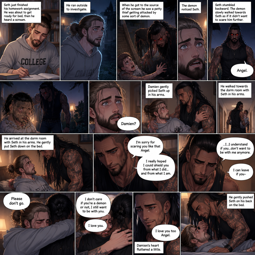 (Recap). Seth Rollins (College student) and Damien Priest (The bad boy) had been dating for 3 months now,Damien had been acting strangely possessive and protective of Seth,Anyone who ever picked on Seth had mysteriously disappeared,Nobody knew why,One night Seth just finished his homework assignment,He was about to get ready for bed,then he heard a scream,He ran outside to investigate,When he got to the source of the scream he saw A petty thief Getting attacked by some sort of demon,Seth got scared,The demon noticed Seth,Seth stumbled backward,The demon slowly walked towards Seth as if it didn’t want to scare him any further,Seth’s heart was pounding with fear,Then the demon spoke “Angel”,Seth’s eyes widened,There was only one person who calls him Angel,“Damien?” Seth asked,Damien Gently picked Seth up in his arms,He walked towards the dorm room with Seth In his arms. (And now Part 5). He arrived at the dorm room with Seth in his arms. He gently put Seth down on the bed. “I’m sorry for scaring you like that Angel” Damien said softly. “I really hoped I could shield you from what I did…and from what I am” Damien continued softly. Seth could tell that Damien was guilty. “..I…I understand if you…don’t want to be with me anymore” Damien said with a sad tone. “I can leave if you-“ Seth cuts Damien off with a hug. “Please don’t go” Seth said softly. Damien hugged him back. “I don’t care if you’re a demon or not,I still want to be with you” Seth said Softly. Damien’s heart fluttered a little. “I love you” Seth said Softly. Damien smiled softly. “I love you too Angel” Damien said softly. He gently pushed Seth on his back on the bed
