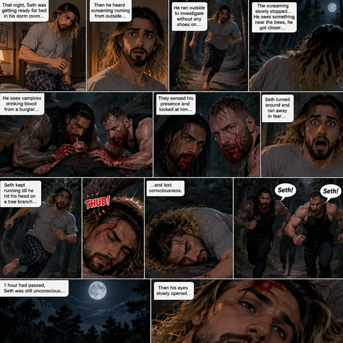 (Recap) Roman Reigns (College Football Player) and Jon Moxley (The bad boy) have been hanging out with Seth Rollins (College student) for a month,Seth felt less insecure because of them,They would even protect him from bullies,One night Seth was getting ready for bed in his dorm room,Then he heard screaming coming from outside,He ran outside to investigate without any shoes on,The screaming slowly stopped,He sees something near the trees,he got closer,he sees vampires drinking blood from a burglar,They sensed his presence and looked at him,it was Jon and Roman,Seth turned around and ran away in fear,Jon and Roman yelled out for him,Seth kept running till he hit his head on a tree branch and lost consciousness,The last thing he heard before losing consciousness was Roman and Jon running towards him and calling his name. (And now part 3).1 hour had passed,Seth was still unconscious,Then he his eyes slowly opened