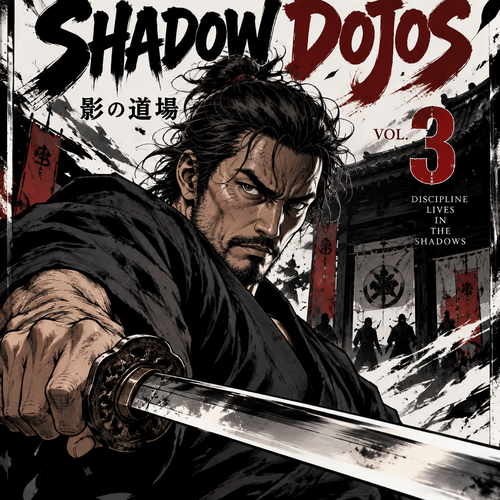 A guy in his 40s holding a katana for a cover and the manga is called shadow dojos vol 3