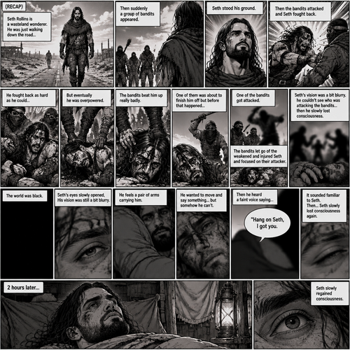 (Recap).Seth Rollins is a wasteland wonderer,He was just walking down the road,Then suddenly A group of bandits appeared,Seth stood his ground,Then the bandits attacked and Seth fought back,He fought back as hard as he could,but eventually he was overpowered,The bandits beat him up really badly,One of them was about to finish him off but before that happened One of the bandits got attacked,The bandits let go of the weakened and Injured Seth and focused on their attacker,Seth’s vision was a bit blurry,he couldn’t see who was attacking the bandits,then he slowly lost consciousness. (And now part 2). The world was black. Seth’s eyes slowly opened,His vision was still a bit blurry. He feels a pair of arms carrying him. He wanted to move and say something…but somehow he can’t. Then he heard a faint voice saying “Hang on Seth,I got you”. It sounded familiar to Seth. Then…Seth slowly lost consciousness again. 2 hours later,Seth slowly regained consciousness