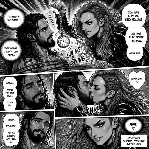 Becky Lynch obsessed with Seth Rollins so she kidnapped him.She takes out a pocket watch and swings it side to side in front of Seth to hypnotize him into loving her.She kissed him afterwards