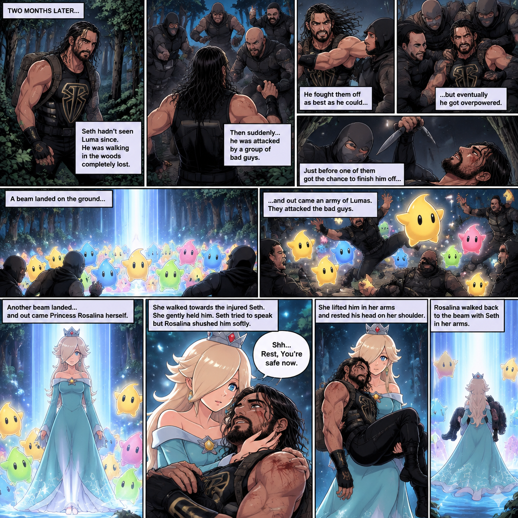 (Part 2 of the Seth Rollins x Princess Rosalina story). It had been two months since that night. Seth hadn’t seen Luma since. He was walking in the woods completely lost. Then suddenly….he attacked by a group of bad guys. He fought them off as best as he could…but eventually he got overpowered. Just before one of them got the chance to finish him off…a beam landed on the ground…and out came an army of Lumas. They attacked the bad guys. Another beam landed…and out came Princess Rosalina herself. She walked towards the injured Seth. She gently held him. Seth tried to speak but Rosalina shushed him softly. “Rest,You’re safe now” Rosalina said softly. She lifted Him in her arms and rested his head on her shoulder. The bad guys were all knocked out. Rosalina walked back to the beam with Seth in her arms