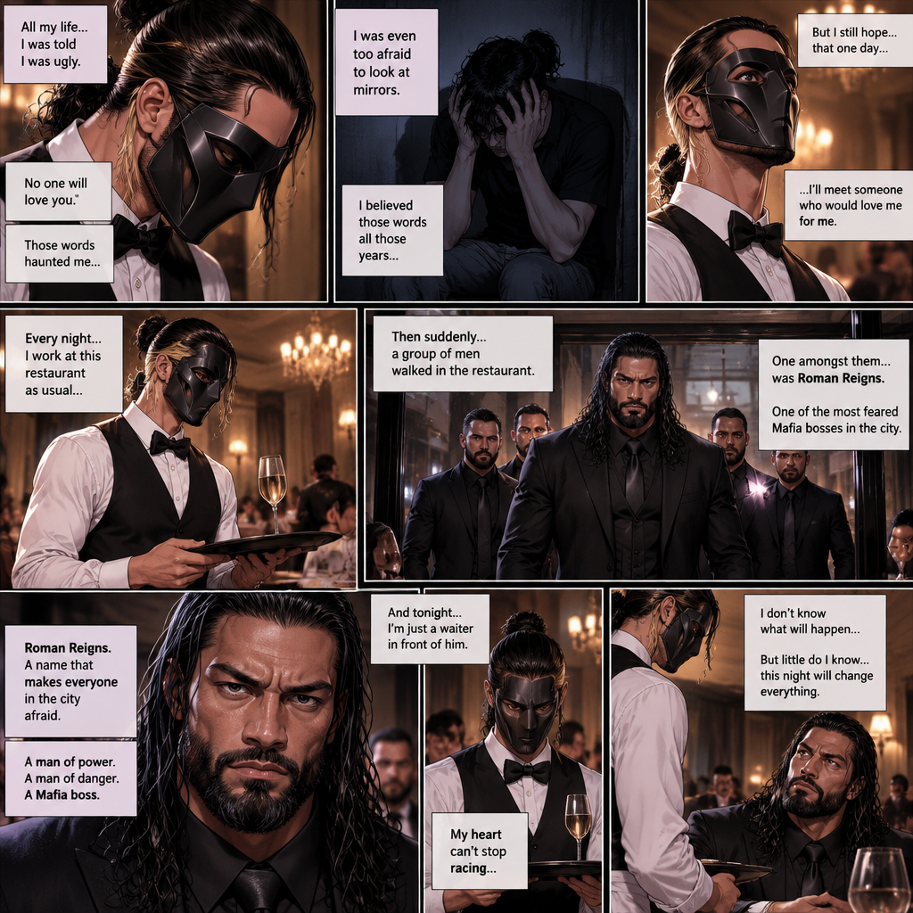 Seth Rollins is a waiter at a fancy restaurant,He’s wearing a mask that covers his face. The reason for that is heartbreaking. All his life he was told he was ugly and no one will love him. He was even too afraid to look at mirrors. He believed those words all those years. He hopes that one day…he’ll meet someone who would love him for him. One night he was working at the restaurant as usual…then suddenly….a group of men walked in the restaurant,One amongst them…was Roman Reigns,One the most feared Mafia bosses in the city