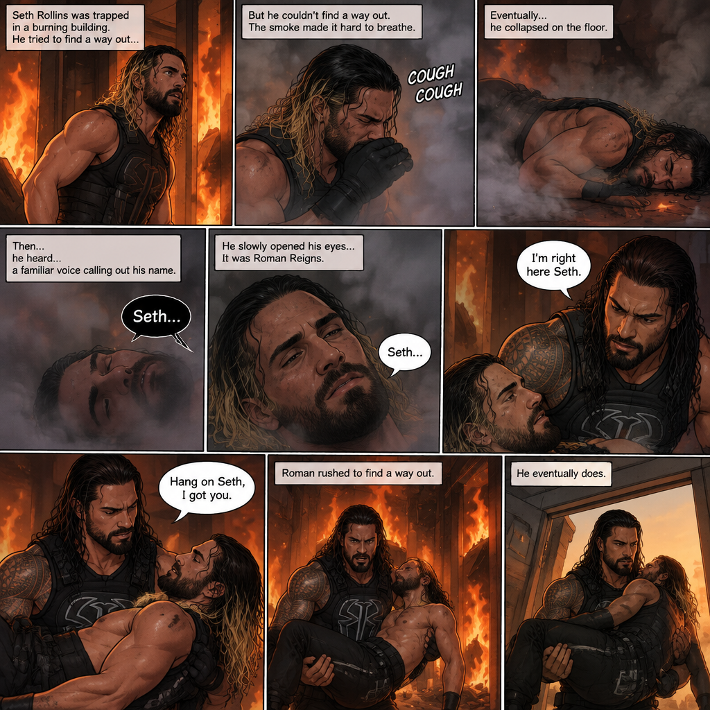 Seth Rollins is in a burning building,He tries to find a way out,he couldn’t find a way out. He was coughing because of the smoke,Eventually….he collapsed on the floor. Then….He heard….a familiar voice calling out his name. He slowly opened his eyes…it was Roman Reigns. Seth weakly called out Roman’s name. Roman rushed over to Seth. “I’m right here Seth” said Roman. He lifted Seth in his arms. “Hang on Seth,I got you” Roman said to Seth. Roman rushes to find a way out,He eventually does