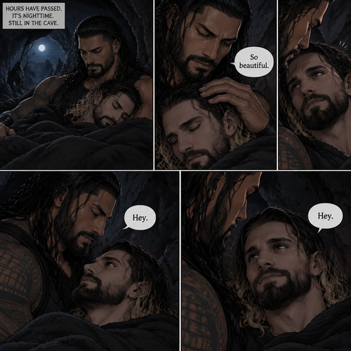 (Part 3 of the Werewolf x Vampire story) Still in the cave. Hours have passed,It’s nighttime. Roman Reigns (The werewolf) woke up. Seth Rollins (The vampire) was still asleep in Roman’s arms. Roman looked at Seth. He gently stroked his hair. “So beautiful” Roman said softly. Seth slowly woke up. “Hey” Roman said softly. “Hey” Seth said softly