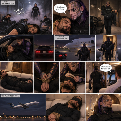 (Previously) Seth Rollins (A secret agent) and his team of agents had tracked down the nefarious Jeff Hardy to a warehouse…Only for it to be a trap,Knock out gas was released,All the agents coughed and lost consciousness,Jeff walked to the unconscious Seth and said “I finally got you Cutie”,He lifted Seth in his arms and put him in the passenger seat in his car and Drove away. (Now onto part 2). They arrived at some sort of airstrip,Jeff got out of the car,Walked to the passenger seat,Lifted the unconscious Seth in his arms again and walked to the jet. He got in and laid Seth down on the sofa in the jet. He then tied his wrists with rope,Then he blindfolded him. He got up and walked to the pilot. “We’re ready for take off” Said Jeff. The plane took off