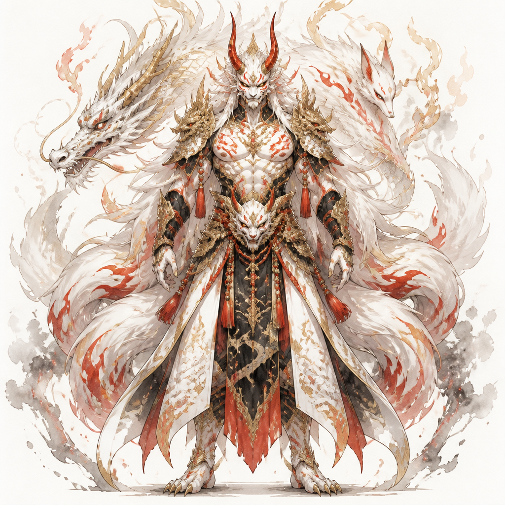 Fuse Oni, loung dragon, 9 tail fox into a oni style chest and waist that has all the best appearance from Fuse Oni, loung dragon, 9 tail fox. Only show final product. Colors white,gold,red, black. Front view