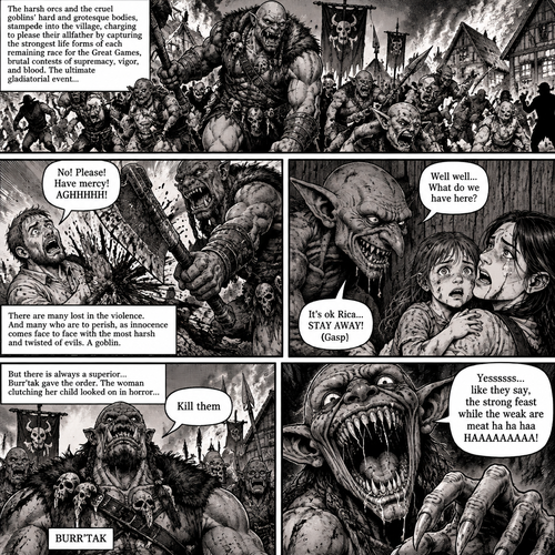 The harsh orcs and the cruel goblins' hard and grotesque bodies, stampede into the village, charging to please their allfather by capturing the strongest life forms of each remaining race for the Great Games, brutal contests of supremacy, vigor, and blood. The ultimate gladiatorial event… 

CITIZEN: No! Please! Have mercy! AGHHHHH! (Is cleaved by an orc wielding an axe)

There are many lost in the violence. And many who are to perish, as innocence comes face to face with the most harsh and twisted of evils. A goblin.

GOBLIN: Well well… What do we have here?

THE MOTHER: It’s ok Rica… STAY AWAY! (Gasp)

But there is always a superior… Burr’tak gave the order. The woman clutching her child looked on in horror… 

BURR’TAK: Kill them

GOBLIN: Yessssss… like they say, the strong feast while the weak are meat ha ha haa HAAAAAAAAA! (The goblin opens its large mouth of long sharp teeth)
