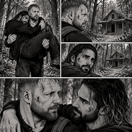 (Part 5). Still in the zombie apocalypse. Jon Moxley was walking in the woods while Holding Seth Rollins in his arms after emotional reunion near the river. Seth was resting his head on Jon’s shoulder while holding on. Jon looked ahead and he sees an abandoned Cabin. Seth Sees it too. Jon and Seth looked at each other