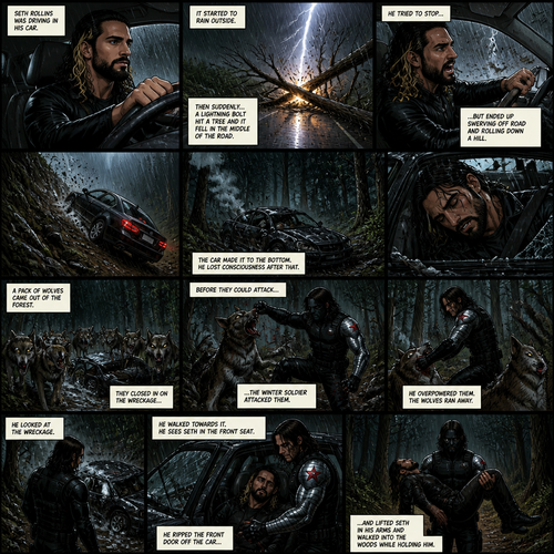 Seth Rollins was driving in his car,It started to rain outside.Then suddenly a lightning bolt hit a tree and it fell in the middle of the road.He Tried to stop…But ended up swerving off road and rolling down a hill.The car made it to the bottom,He lost consciousness after that.A pack of wolves came out of the forest,They closed in on the wreckage,Before they could attack…the winter soldier attacked them.He overpowered them,The wolves ran away.He looked at the wreckage,He walked towards it,He Sees Seth in the front seat,He ripped the front door off the car and lifted Seth in his arms and walked into the woods while holding him