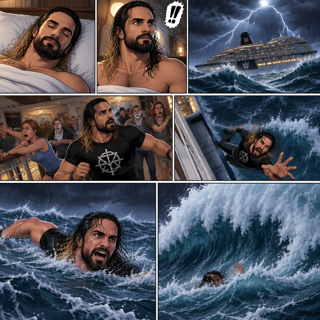 Seth Rollins is on a cruise ship,One night he was asleep,Then suddenly…thunder. He got up. The ship was rocking against the strong waves. Everyone was panicking,Then….Seth fell overboard. He swam as best as he could. The waves were strong,Then…A big wave came crashing down on him