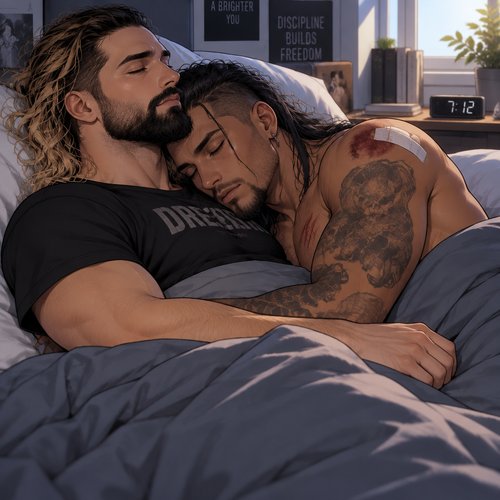 (Recap). Seth Rollins (College student) had just finished studying late at night,Then there was a noise downstairs,he investigated,the front door was open,He closed,Then there was a dripping noise in the kitchen,He goes to investigate,it was just a leaky faucet,He turned it off,he turned around,Damien priest (The bad boy) was right behind him,His chest had scratch marks on it and his shoulder had a huge bite mark on it,Seth was horrified,He goes to turn on the light but Damien grabbed his wrist before he could,he pulled Seth closer to him,Then he puts his head on Seth’s shoulder,His body was shaking a little as if he was crying,he said to Seth “Help me…please…Angel”,Seth slowly wrapped his arms around Damien,Damien’s body slowly relaxed as if he felt safe in Seth’s arms,Seth takes Damien to the bathroom,he grabs a first aid kit,he gently cleans Damien’s wounds and bandages them afterwards,Seth said “There,That should do it,Damien looks up at Seth and softly said “Thank you,Angel”,Seth blushed a little and said to Damien “you’re welcome” (And now part 3). The next morning,Seth and Damien were asleep in Seth’s bed,Damien had Seth in his arms