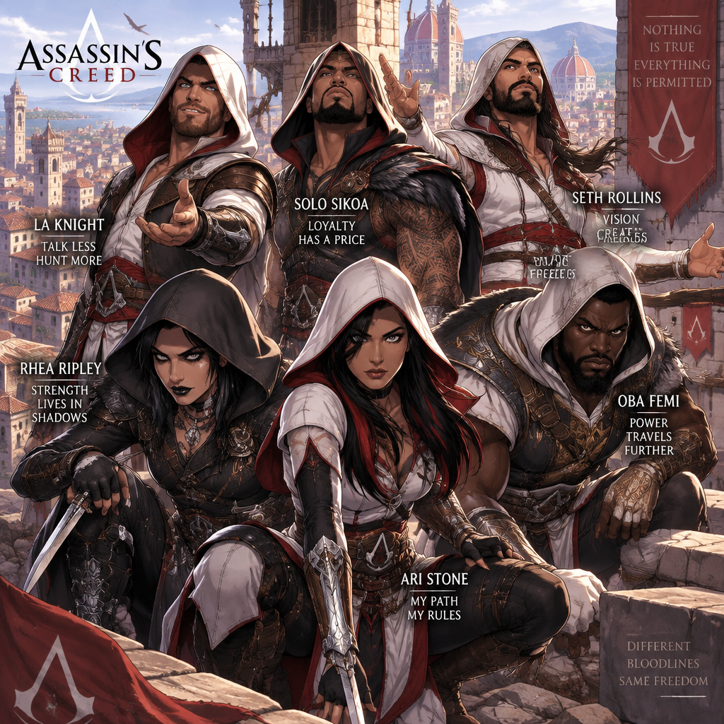 LA Knight,Solo Sikoa,Seth Rollins,Oba Femi,Rhea Ripley and Ari Stone (My Female wrestler oc) In assassin’s creed