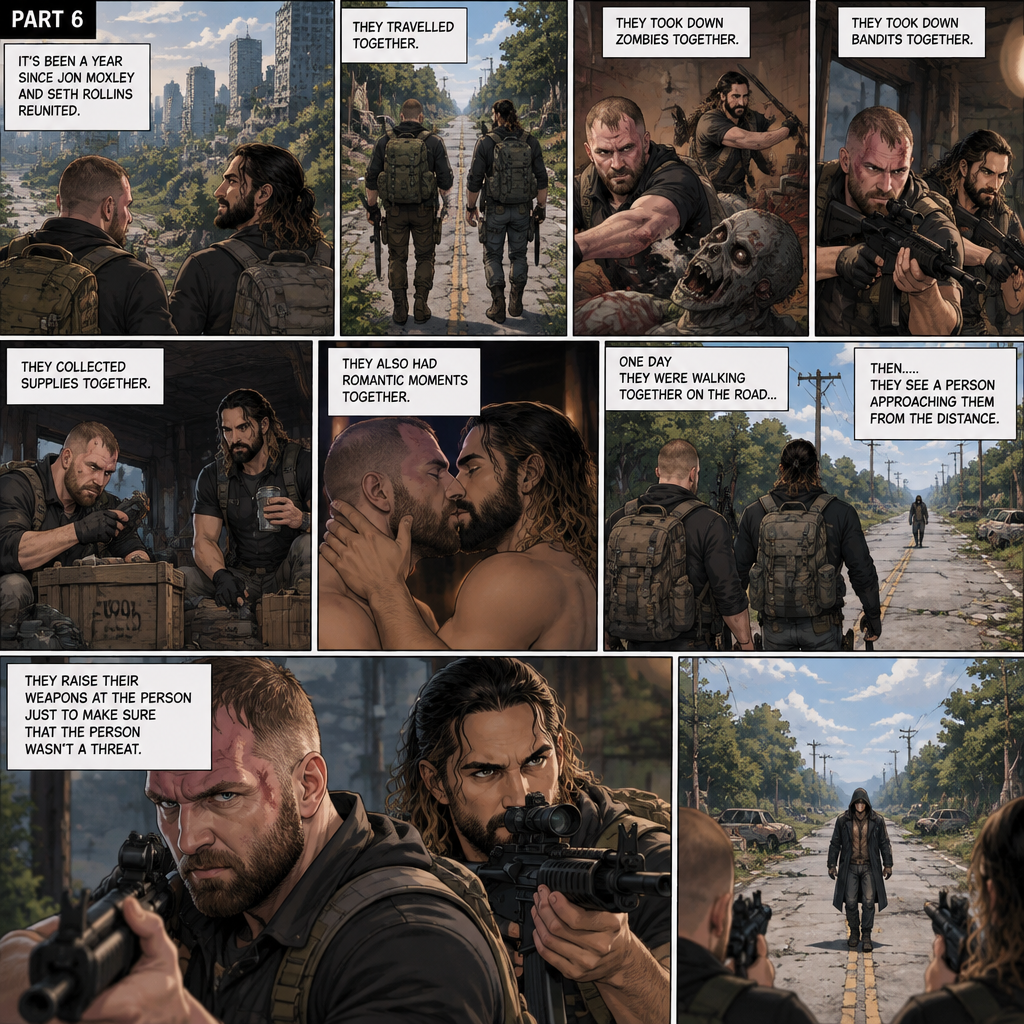 (Part 6). Still in the zombie apocalypse. “it’s been a year since Jon Moxley and Seth Rollins reunited. They travelled together,They took down zombies together,They took down bandits together,They collected supplies together,They also had romantic moments together. One day they were walking together on the road…Then…..they see a person approaching them from the distance. They raise their weapons at the person just to make sure that the person wasn’t a threat