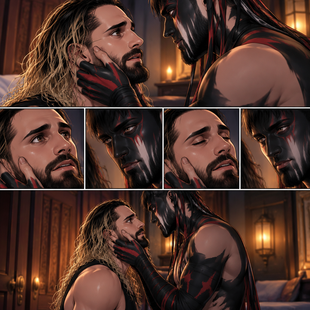 (Recap). Seth Rollins was taken from his tent by the mysterious creature (Finn Bálor) while he was asleep,The next morning,Seth’s group woke up and noticed Seth was gone and started looking for him,Meanwhile,Seth was asleep in some sort of bed,Then he woke up. He was confused,He was in some sort of bedroom,He got up and slowly walked towards the door,Before he touched the door handle…the door opened…the mysterious creature was standing there,Seth’s eyes widened,He stumbled backwards in fear,The mysterious creature walked closer to Seth,He reached towards Seth,Seth’s heart was pounding with fear,He thought the mysterious creature was gonna a hurt him….But….he didn’t…he just gently took his hand and gently pulled him up,They stared at each other,Seth’s heart still pounding with fear. (And now part 3). They’re still staring at each other. The mysterious creature gently placed his hand on Seth’s cheek. Seth’s body strangely relaxed under The creature’s touch,Seth had no idea why
