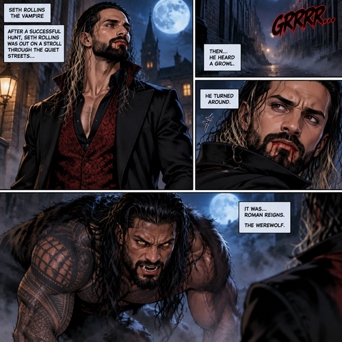 (Part 1 of the Werewolf x Vampire story). Seth Rollins (The Vampire) was out on a stroll after a hunt,Then…he heard a growl. He turned around, It was…Roman Reigns (The werewolf)