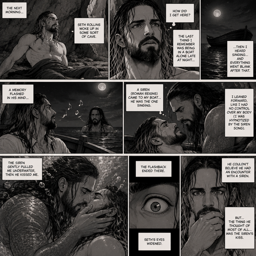 (Part 2 of the siren x human story). The next morning Seth Rollins woke up in some sort of cave,He was confused as to how he got there.The last he remembered was being in a boat alone late at night…then he heard singing…and everything went blank after that,Then….A memory flashed in his mind….A siren (Roman Reigns) came to his boat…he was the one singing. Seth leaned forward like he had no control over his body (He was hypnotized by the siren song btw). The siren gently pulled him underwater,Then he kissed him. The flashback ended there. Seth’s eyes widened,he couldn’t believe he had an encounter with a siren,But…the thing he thought of most of all….was the siren’s kiss