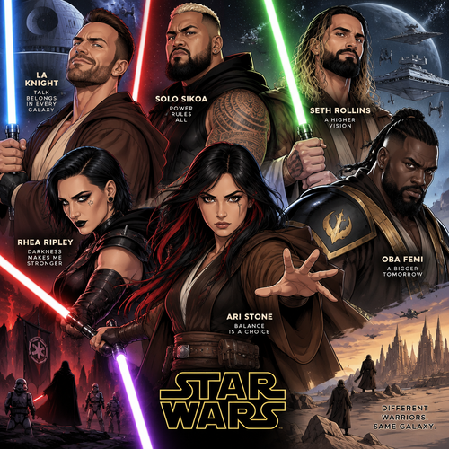 LA Knight,Solo Sikoa,Seth Rollins,Oba Femi,Rhea Ripley and Ari Stone (My wrestler oc) in Star Wars 