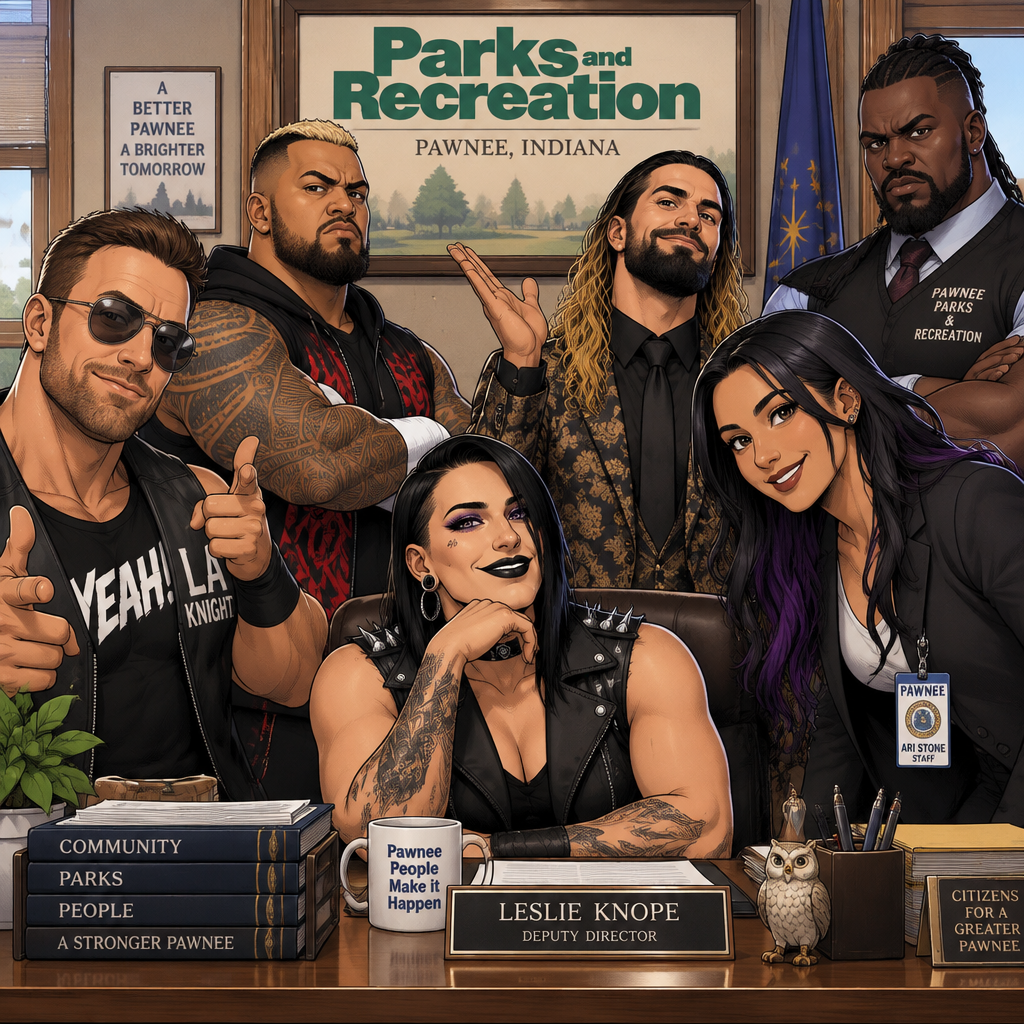LA Knight,Solo Sikoa,Seth Rollins,Oba Femi,Rhea Ripley and Ari Stone (My wrestler oc) in Parks and Recreation