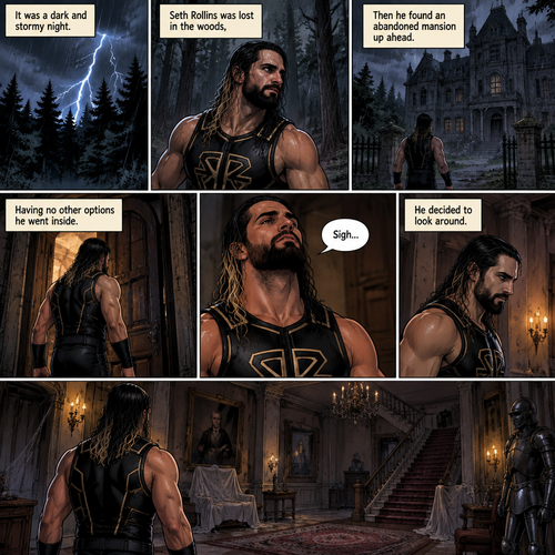 It was a dark and stormy night.Seth Rollins was lost in the woods,Then he found an abandoned mansion up ahead.Having no other options he went inside.He sighed heavily.He decided to look around