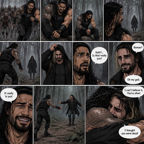 Roman Reigns is in a zombie apocalypse,He walking in the woods. He hurt his ankle while running away from a zombie horde. He’s far away from them and limping in the woods. The pain in his ankle was too much to ignore so he sat down on a rock,he sat there for a while….then….he heard distant footsteps. He looked behind him. There’s a hooded figure in the distance. He slowly stood up,he had his guard up. The hooded figure stopped walking. They were silent for a while. Then….the hooded figure took off his hood…it was….Seth Rollins. “Roman?” Said Seth. Roman’s eyes widened. “Seth?…is that really you?” Roman asked. Seth slowly smiled with joy. “Oh my god” Seth said softly. Roman slowly smiled and tears of joy welled up in his eyes. “It really is you!” Said Roman. Roman limped towards Seth while Seth runs towards Roman. They hugged each other and cried tears of joy. “I can’t believe it,You’re alive!” Seth Said through his tears. “I thought you were dead!” Roman said through his tears