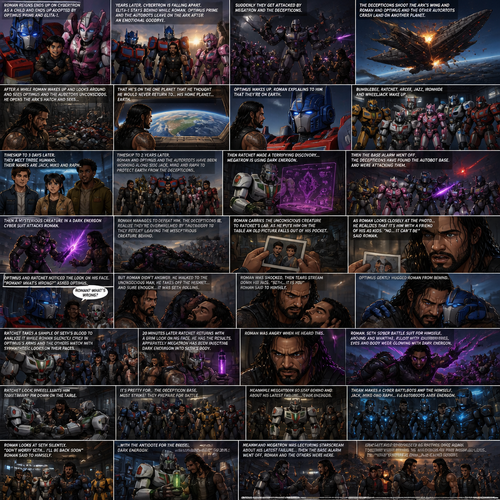 WWE Superstar Roman Reigns ends up on Cybertron as a child and ended up adopted by Optimus Prime and Elita-1.Years later Cybertron is falling apart,Elita-One stays behind while Roman,Optimus Prime and the other Autobots leave on the ark after an emotional goodbye.Then suddenly they get attacked by Megatron and the Decepticons.Then The Deceptions shoot the ark’s wing and Roman and Optimus and the other Autobots crash land on another planet.After A while Roman wake up and looks around and sees Optimus and the Autobots unconscious.Roman opens the Arks hatch and sees…That he’s on the one planet that he thought he would never return to…His home planet..Earth.Then Optimus wakes up.Roman explains to him that they’re on earth,Then bumblebee,Ratchet,Arcee,Jazz,Ironhide and wheel jack wakes up.Timeskip to 3 days later.They meet Three humans,Thier names are Jack,Miko and Raph.Timeskip to 2 years later.Roman and Optimus and the Autobots have been working along side Jack,Miko and Raph to protect earth from the Decepticons.Then Ratchet made a terrifying discovery…Megatron is using Dark energon.Then the base alarm went off.The Decepticons have found the Autobot base and were attacking them.Then a mysterious creature in a dark energon cyber suit attacks Roman.Roman manages to defeat him.The Decepticons realize they’re overwhelmed by the Autobots they retreat leaving the mysterious creature behind.Roman Carries the unconscious creature to Ratchet’s lab.As he puts him on the table an old picture falls out of his pocket.While ratchet Straps the unconscious mysterious creature to the table Roman looks at the photo.There’s two young boy on it,As Roman looked closely at the photo….He realizes that it’s him with a friend of his as kids, “No….It can’t be” said Roman. Optimus and Ratchet Noticed the look on his face, “Roman? What’s Wrong?” Asked Optimus. But Roman didn’t answer.He walked to the unconscious man,He takes off the Helmet…and sure enough…It was Seth Rollins (Roman and Seth are childhood friends in this story).Roman was shocked,Then tears stream down his face. “Seth..It is you” Roman said to him self.Optimus Gently hugged Roman from behind.Ratchet takes a sample of Seth’s blood to analyze it while Roman silently cries in Optimus’s arms and Arcee,Bumblebee,Wheeljack,Ironhide,Jack,Miko and Raph watch with sympathetic looks on their faces.20 Minutes later Ratchet returns with a grim look on his face.He has the results.Apparently Megatron has been injecting Dark energon into Seth’s body.Roman was Angry when he heard this.Then…Seth Suddenly wakes up and thrashing around and wanting to attack someone.His eyes and body were glowing with dark energon.Ratchet and Wheel Jack grabs him the straps him down on the table.It’s pretty clear…The Autobots must strike! They prepare for battle,Ratchet Volunteers to stay behind and find an antidote for the dark energon,Roman makes a cyber battle suit for himself,Jack,Miko and Raph…Filled with blue energon! Roman looks at Seth silently. “Don’t worry Seth…I’ll be back soon” Roman said to himself.They leave for the Decepticon base. Meanwhile Megatron was lecturing Starscream about his latest failure…Then the base alarm went off, Roman and Optimus and the Autobots and the humans were here.Then the battle ensued,Bumblebee and wheel jack took on sound wave,Arcee and Jack took on black arachnid,Miko and Raph took on Starcream and Optimus and Roman Took on Megatron.Eventually the Autobots and the humans were victorious.When they returned Ratchet was waiting for them…with the antidote for the dark energon!
