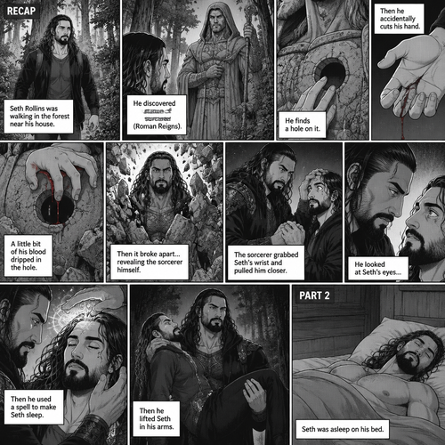 (Recap) Seth Rollins Was walking in the forest near his house,he discovered a statue of a sorcerer (Roman Reigns),he finds a hole on it,then he accidentally cuts his hand,A little bit of his blood dripped in the hole,then it broke apart…revealing the sorcerer himself,Seth was shocked,the sorcerer grabbed Seth’s wrist and pulled him closer,He looked at Seth’s eyes,then he used a spell to make Seth sleep,then he lifted Seth in his arms. (And now part 2). Seth was asleep on his bed