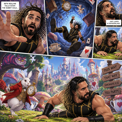 Seth Rollins falling through a rabbit hole and ending up in wonderland