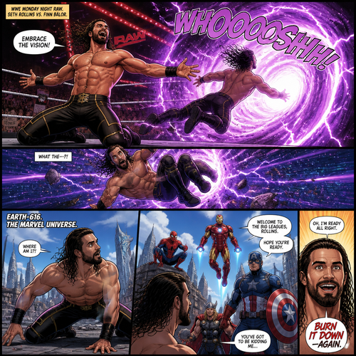 WWE superstar Seth Rollins getting sucked trough a portal and then ending up in the marvel universe
