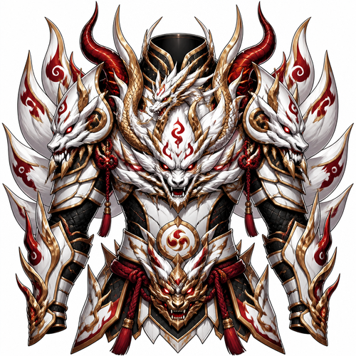 Fuse Oni, loung dragon, 9 tail fox into chest armor that has all the best appearance from Fuse Oni, loung dragon, 9 tail fox. Only show final product. Colors white,gold,red, black.details 10%