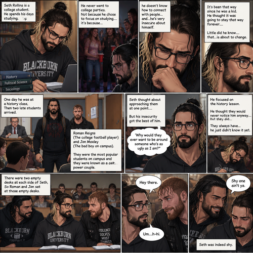 Seth Rollins is a college student. He spends his Seth Rollins is a college student. He spends his days studying,He never went to college parties. Not because he chose to focus on studying….it’s because…he doesn’t know how to connect with people…and…he’s very insecure about himself. It’s been that way since he was a kid. He thought it was going to stay that way forever….little did he know….that…is about to change. One day he was at a history class,Then two late students arrived. Roman Reigns (The college football player) and Jon Moxley (The bad boy on campus). They were the most popular students on campus and they were known as a power couple. Seth thought about approaching them at one point….But his insecurity got the best of him. “Why would they ever want to be around someone who’s as ugly as I am?” Seth thought to himself. He focused on the history lesson. He thought they would never notice him anyway….but they did…They always have…he just didn’t know it yet. There were two empty desks at each side of Seth,So Roman and Jon sat at those empty desks. Seth noticed and was surprised. “Hey there” Jon said. Seth was nervous. “Um…h-hi” Seth said nervously. “Shy one ain’t ya” Said Roman. Seth was indeed shy.